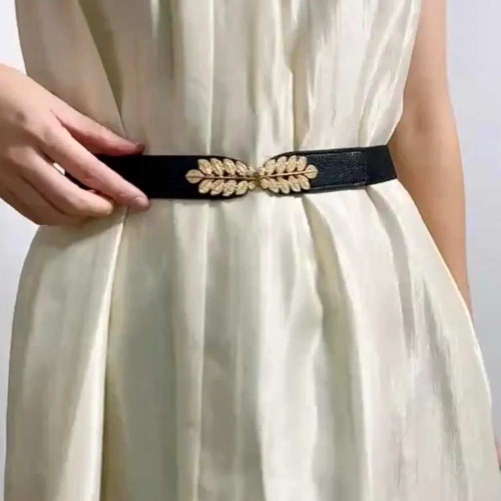 Black Elegant Gold Leaf‎ Buckle Elastic Casual Belt Adjustable One-Size